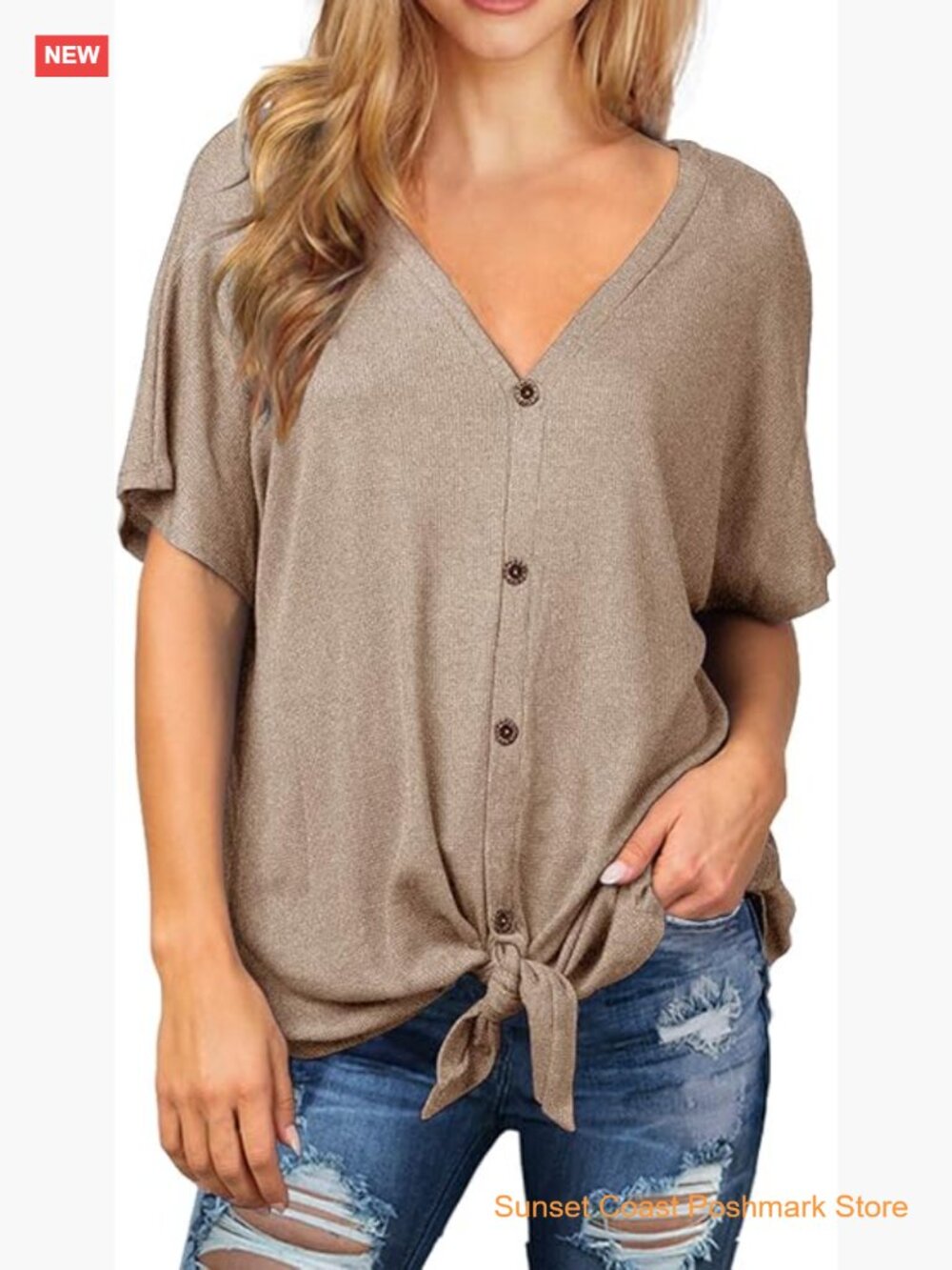Womens Waffle Knit Tunic Blouse Tie Knot Short Sleeve Henley Top Loose Bat Wing
